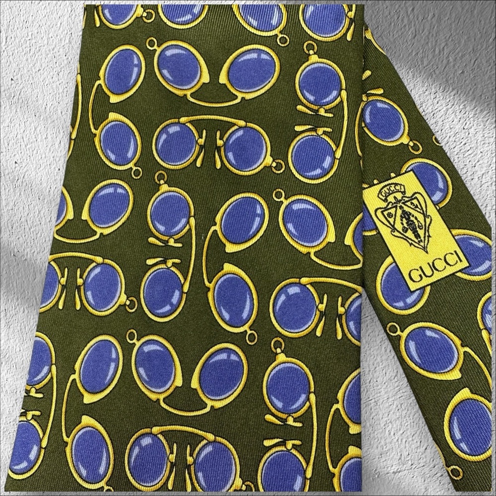 GUCCI Vintage Silk Avocado, Purple & Gold Neck Tie Glasses Spectacles Print - Picture 9 of 13